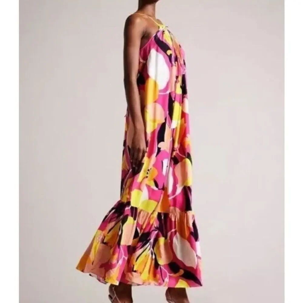 Ted Baker Abstract Print Pleated Halter Maxi Dress Size 0/ XS Fit Size Small NWT